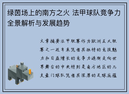 绿茵场上的南方之火 法甲球队竞争力全景解析与发展趋势