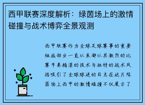 西甲联赛深度解析：绿茵场上的激情碰撞与战术博弈全景观测