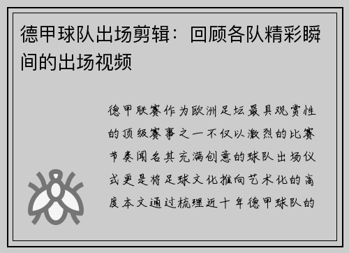 德甲球队出场剪辑：回顾各队精彩瞬间的出场视频