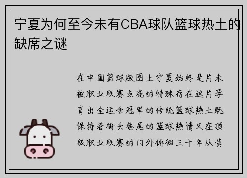 宁夏为何至今未有CBA球队篮球热土的缺席之谜